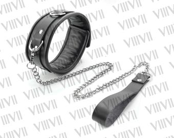 Submissive collar with chain leash, Soft Padded leather Bondage Slave Choker, Submissive Collar for Roleplay, Gift for Mistress choker Day