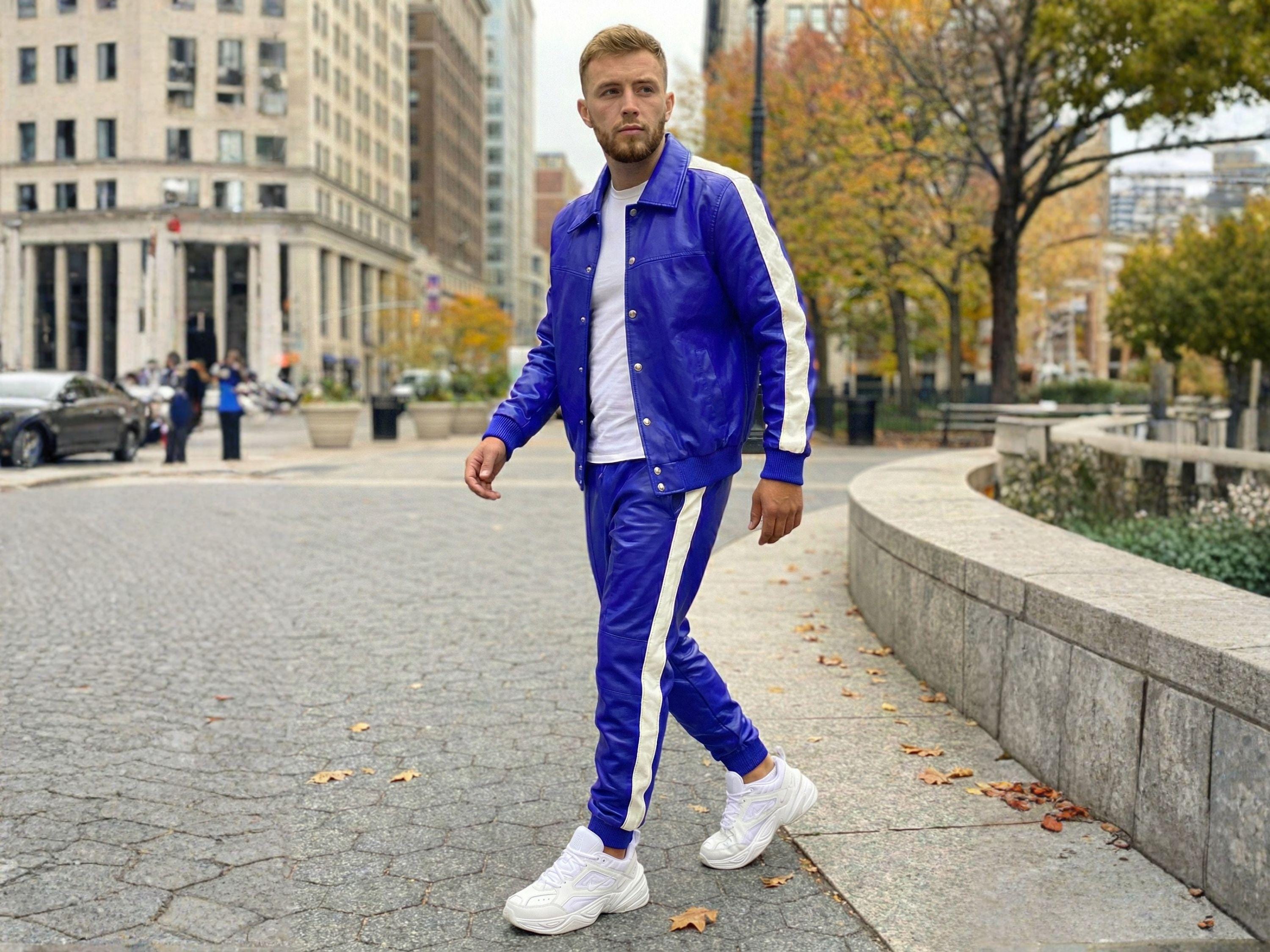 Gift for Sportsman Real leather sweatsuit Royal blue and white tracksuit for men jacket and pant lambskin genuine leather Christmas gift