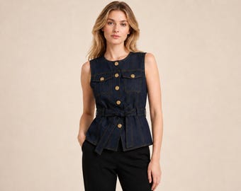 Tailored denim vest womens, Summer special gift for her,  Belted peplum jean waistcoat, Button own sleeveless Top, Fitted utility outerwear.