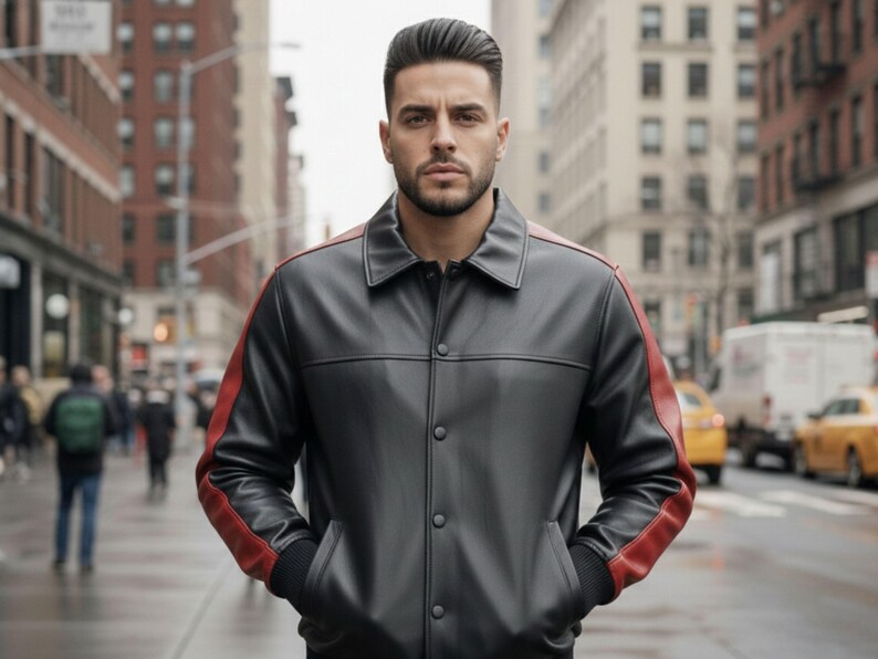 May include: A black leather jacket with red shoulder and sleeve accents. The jacket has a button-up front and a classic collar. The person is standing on a city street.