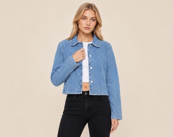 Womens Cropped Denim Jacket, Button Front Jean Coat, Vintage Trucker Style, Casual Streetwear, Graduation Gift for Her