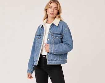 Classic denim trucker jacket for women, Button front jean coat with contrast collar and chest pockets, summer dress, Special gift for her