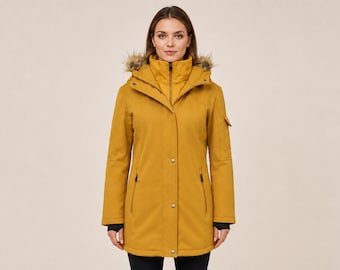 Parka winter coat for womens, Christmas gift for her, windbreaker outerwear, fur trimmed luxury hood, stylish cold weather gift