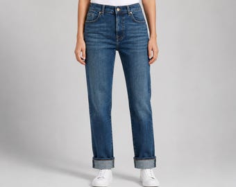 High waisted jeans for women, vintage inspired straight leg denim pants, relaxed cuffed trousers, perfect casual everyday, gifts for her