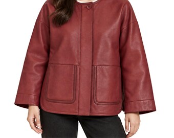 Leather jacket women, Collarless chore coat, Relaxed fit round neck outerwear with patch pockets, wedding gifts