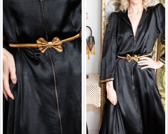 1930s Dress // Sultry Silk Black & Gold Dress // vintage 30s zipper front dress