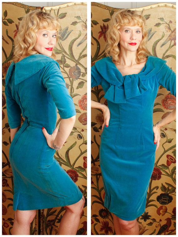 LATE 1950s Dress // Gigi Young Teal Velvet Dress /