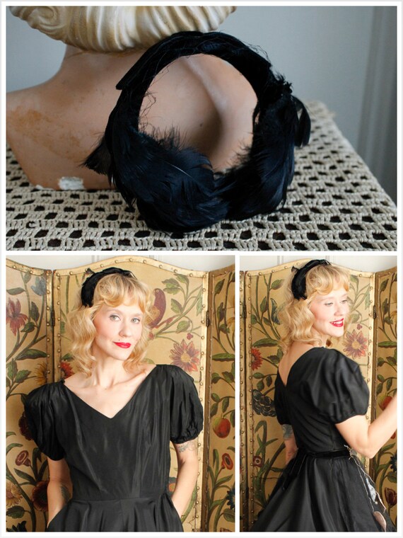 1950s Headband // Velvet & Feather Headband // vin