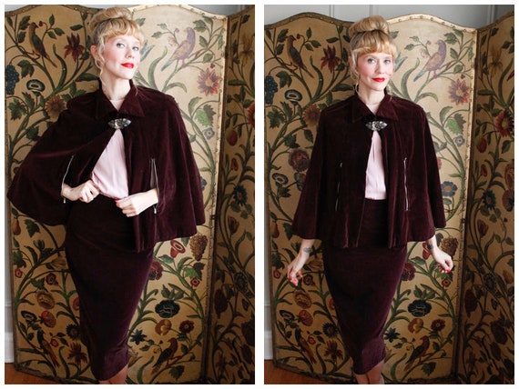 1930s Suit // Bordeaux Velvet Cape & Skirt Suit //
