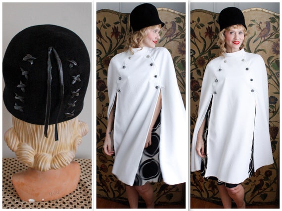 1960s Hat // Black Felt & Leather MOD Hat // vinta