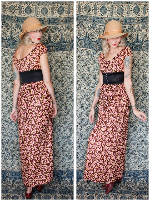 1970s Dark Floral Jersey Maxi Dress