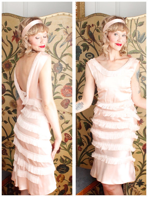1930s Dress // Dancing on Air Fringe Silk Satin Dr