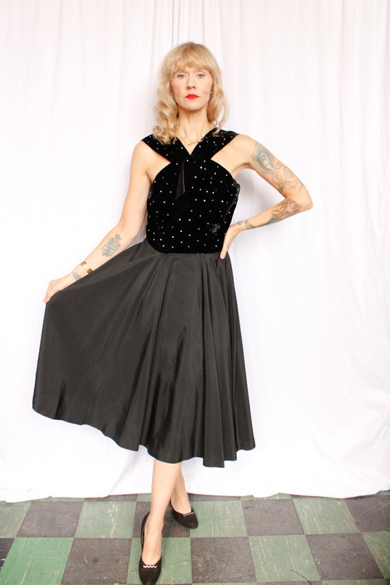 1940s Black Velvet & Taffeta Rhinestone party Dre… - image 2