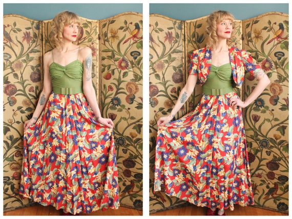 1940s Dress // Tropical Floral Cold Rayon Gown & B