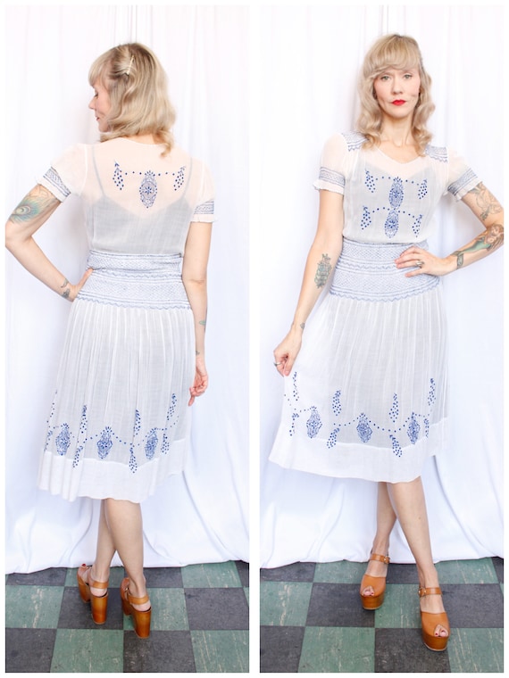 1930s Hungarian Embroidered Cotton Voile Dress - … - image 1