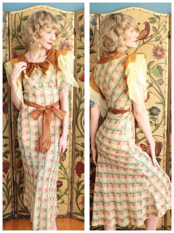1930s Dress // Spring Plaid Cotton Organdy Dress /