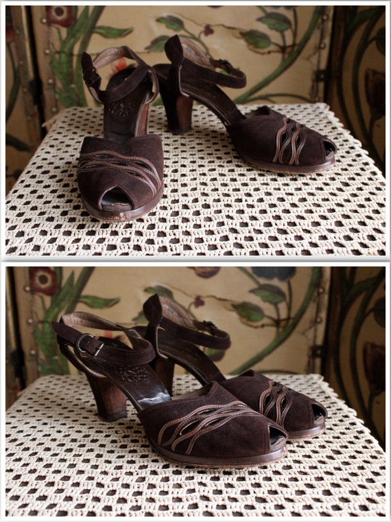 1940s Heels // Brown brushed leather Peacock Shoes