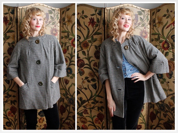 1950s Coat // Houndstooth Wool Coat // vintage 50s
