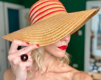 Vintage 1940s Straw Cartwheel Hat: Red Striped Wide Brim