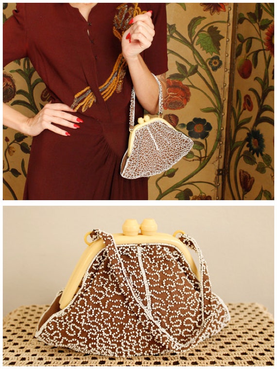 1940s Purse // Beaded Linen Handbag // vintage 40s