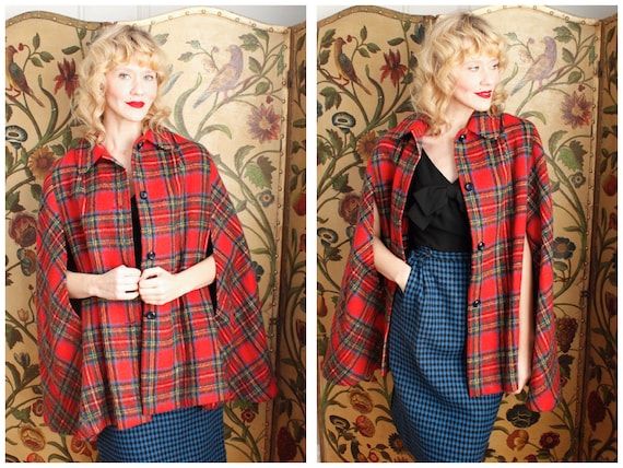 1950s Cape // Bright Red Plaid Cape // vintage 50s