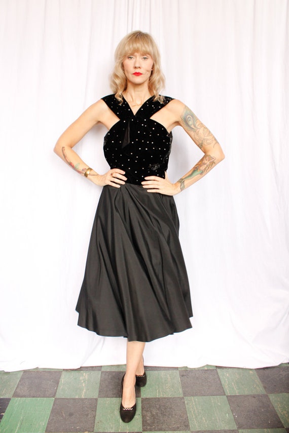 1940s Black Velvet & Taffeta Rhinestone party Dre… - image 9