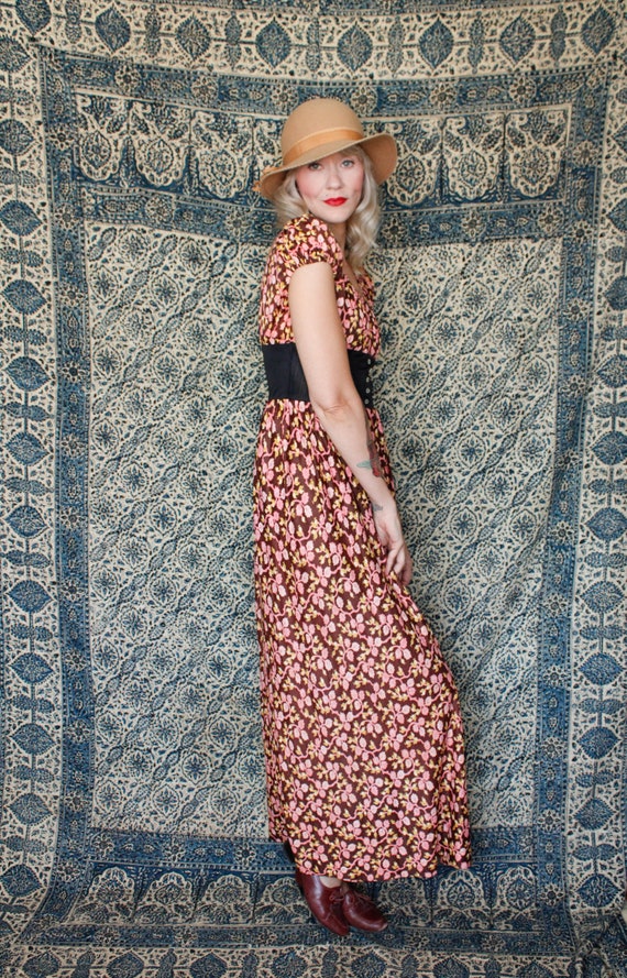 1970s Dark Floral Jersey Maxi Dress - image 3