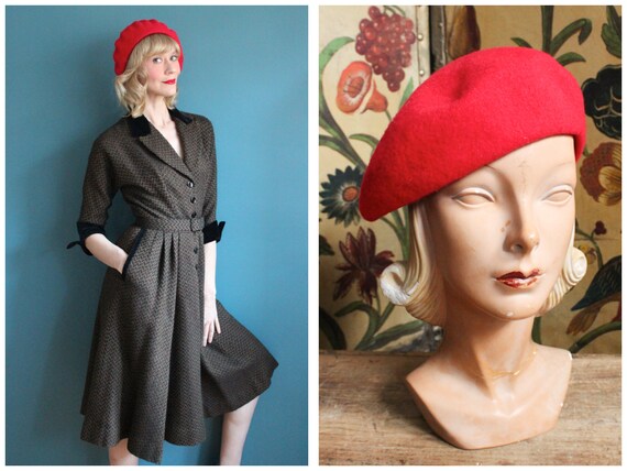 1980s Beret // Bright Red Wool Beret // vintage 80