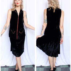 1930s Black Silk Velvet Zippered Tunic & Skirt Set Xsmall image 1