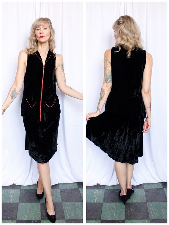 1930s Black Silk Velvet Zippered Tunic & Skirt Set