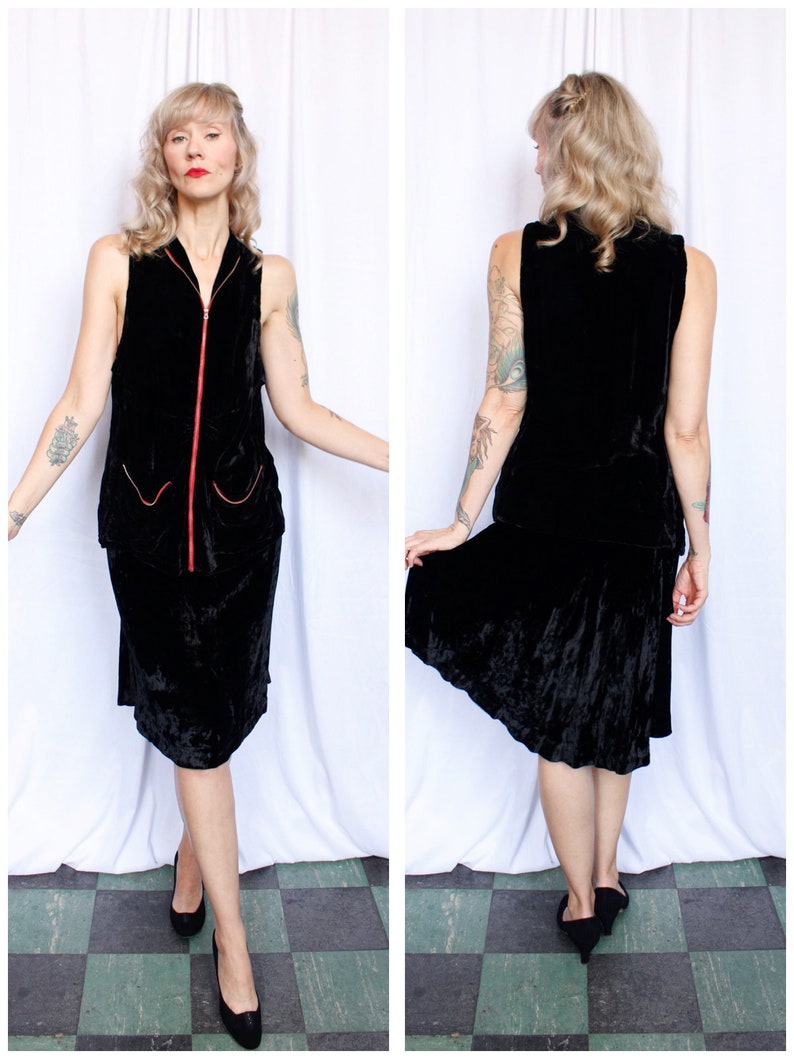 1930s Black Silk Velvet Zippered Tunic & Skirt Set Xsmall image 1