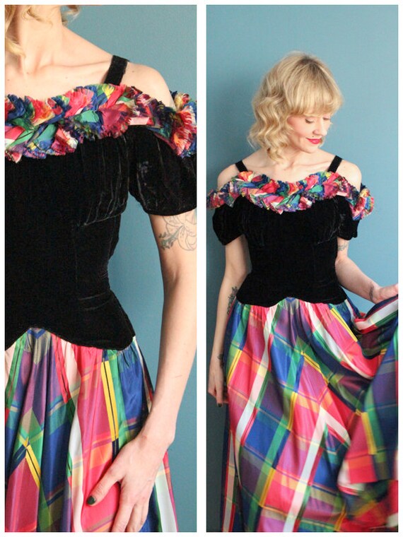 1930s Gown // Silk Velvet & Jewel Taffeta Gown //