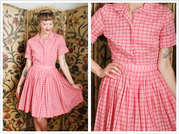 1950s Dress Set // Pink Plaid Cotton Shirt & Skirt