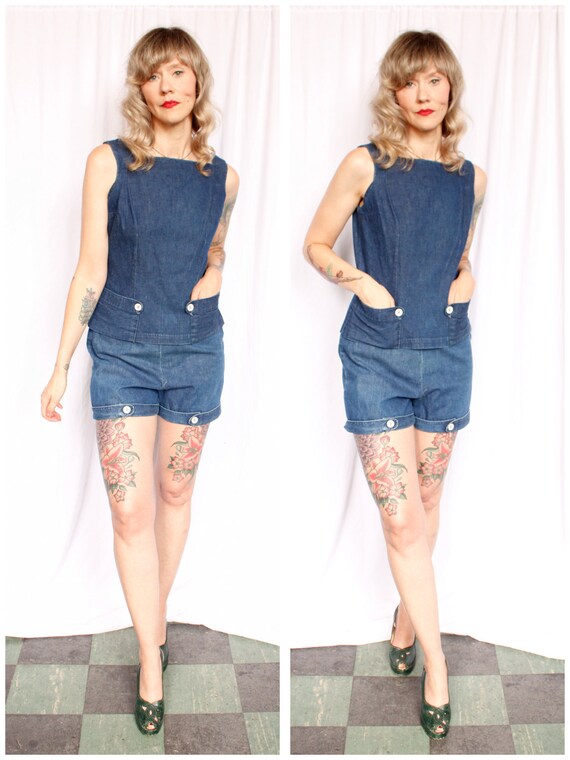 1950s 2pc Denim Shirt & Shorts Playsuit - S/M