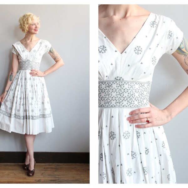 1950s Dress // Silver Snowflake Dress // vintage 50s dress