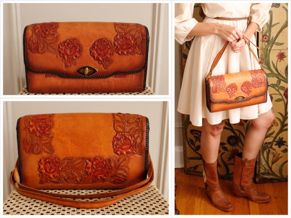 1950s Handbag // Rose Leather Tooled Handbag // vi