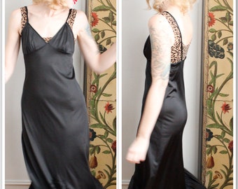 1970s Slip // Long Black Nylon Gown // vintage 70s lounge dress