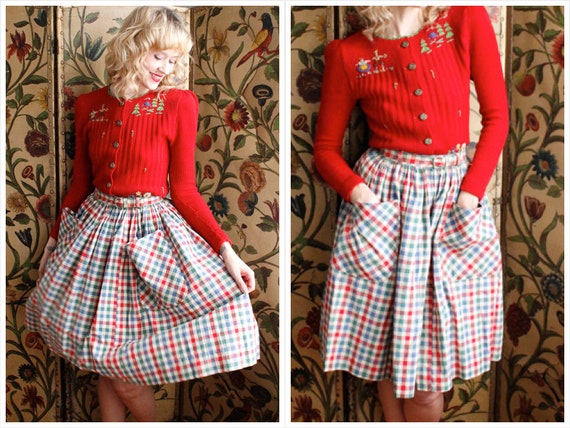 1940s Skirt // Colorful Bright Plaid Skirt // vint