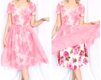 1950s Rose Print Party Dress - Medium