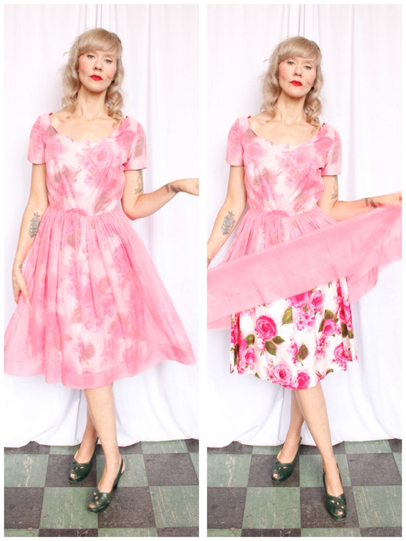 1950s Rose Print Party Dress - Medium