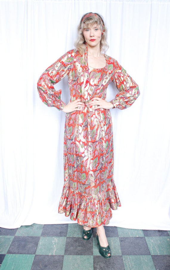 1970s Red & Gold Metallic Maxi Dress - image 5