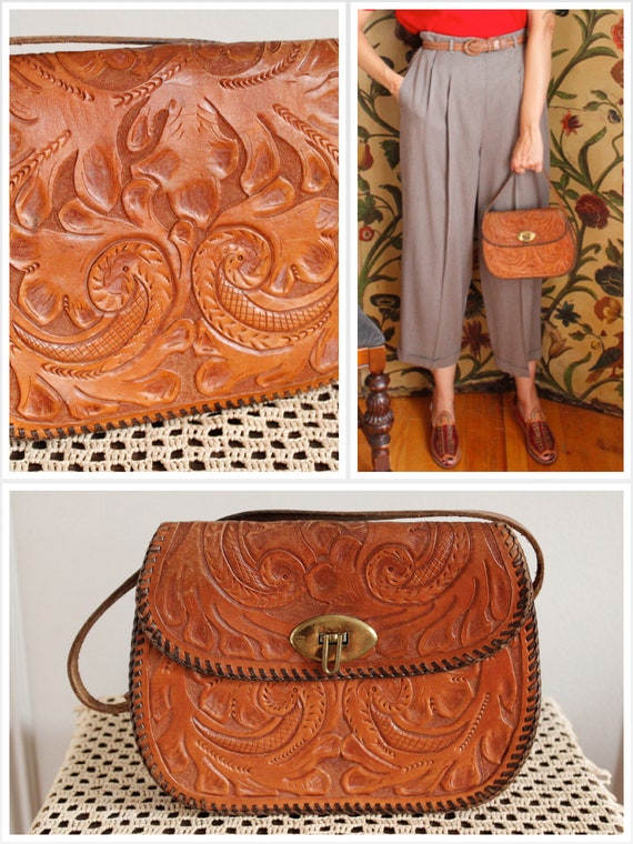 1950s Handbag // Leather Tooled Handbag // vintage