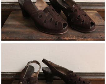 1940s Heels // Airstep Brushed Leather Peep Toe Heels // vintage 40s slingback heels // 8N