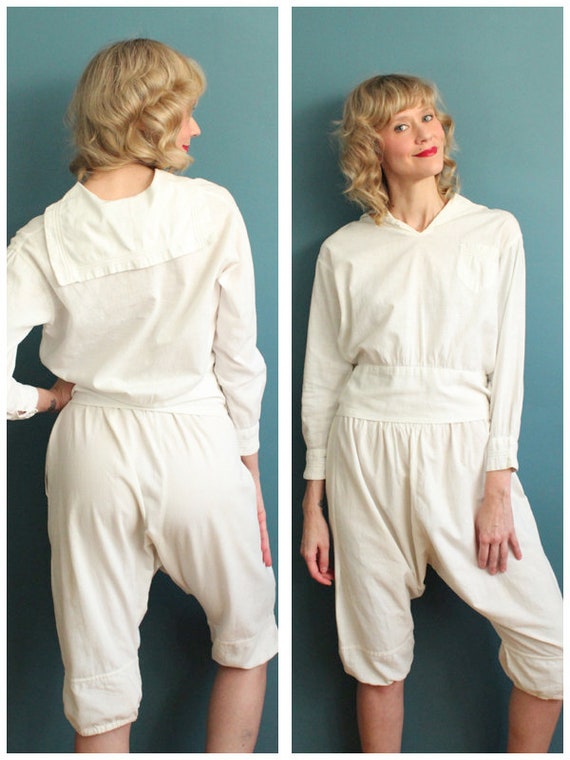 1920s 2pc Suit // White Sailor Cotton Blouse & Cro