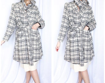 1950s Cotton Plaid Woven Coat with Scarf & Belt - Medium