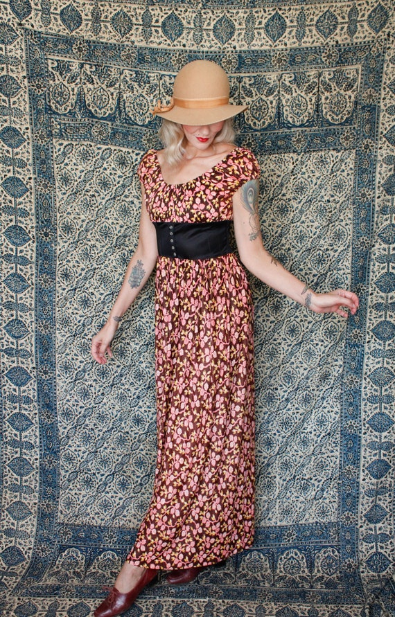 1970s Dark Floral Jersey Maxi Dress - image 4
