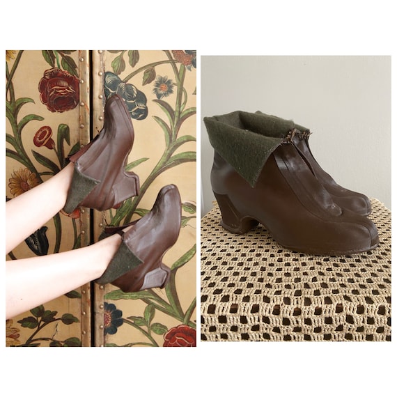 1940s Galoshes // Brown & Green Winter Galoshes //