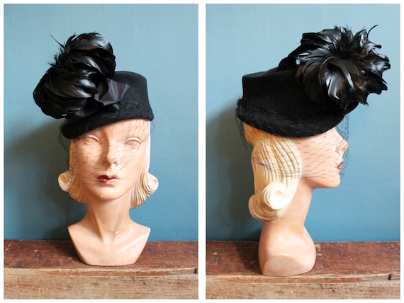 1940s Hat // Marshall Fields Feather Tilt Hat // v