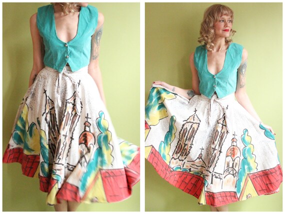 1950s Skirt // Mexican Hand-painted Worship Novelt