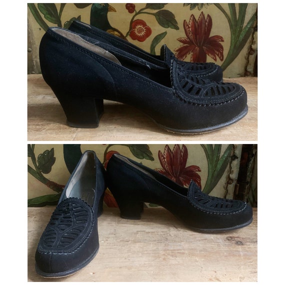 1940s Shoes // Brushed Leather Black Heels // vint